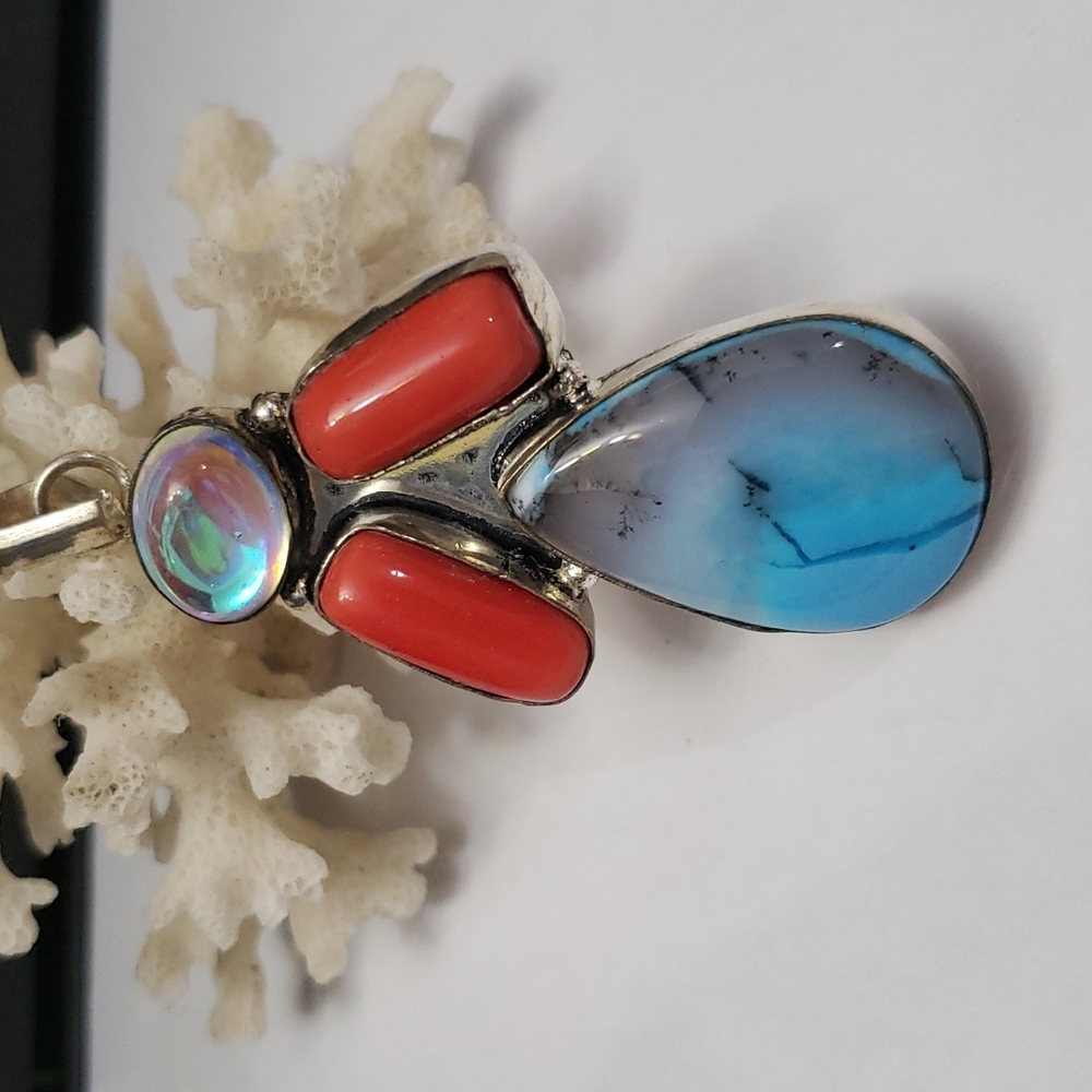 New semi-precious Stone Pendant, Dendrite Opal, Coral